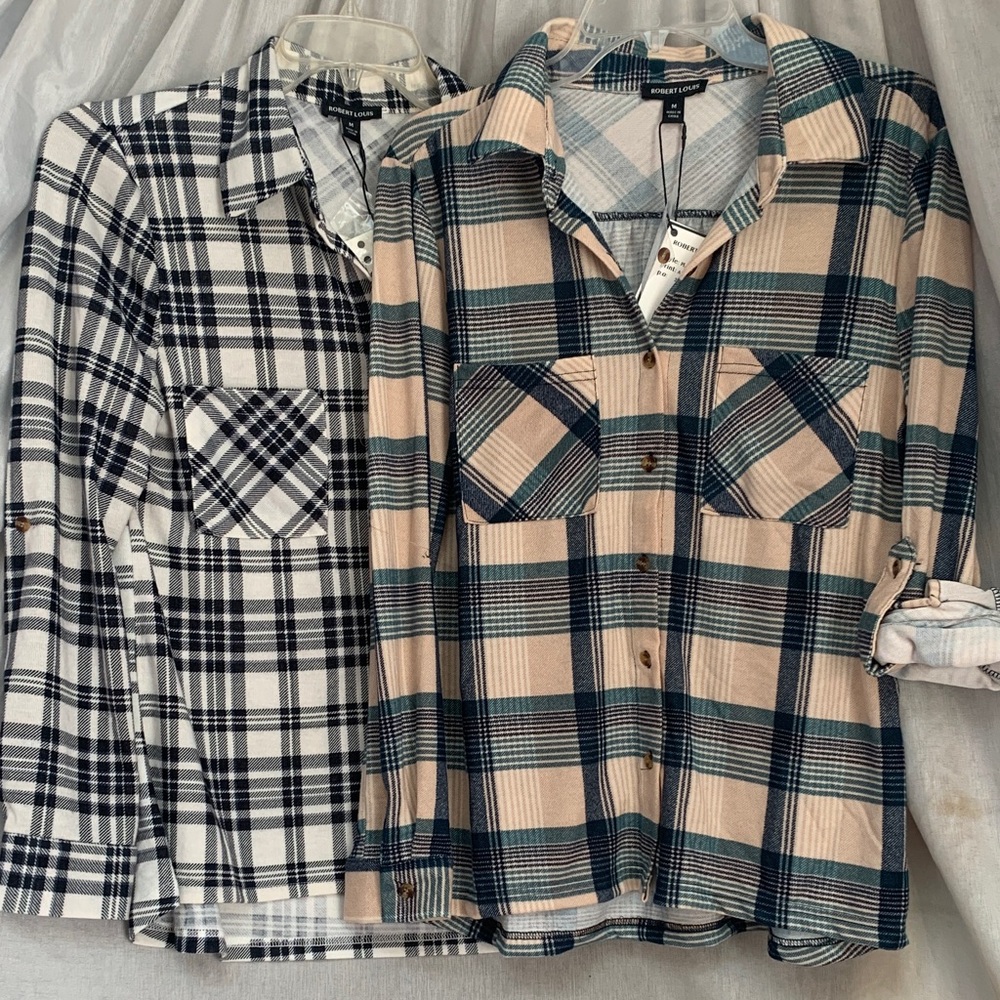 Robert Louis Plaid Button-Down Shirts - Beige, Navy & White